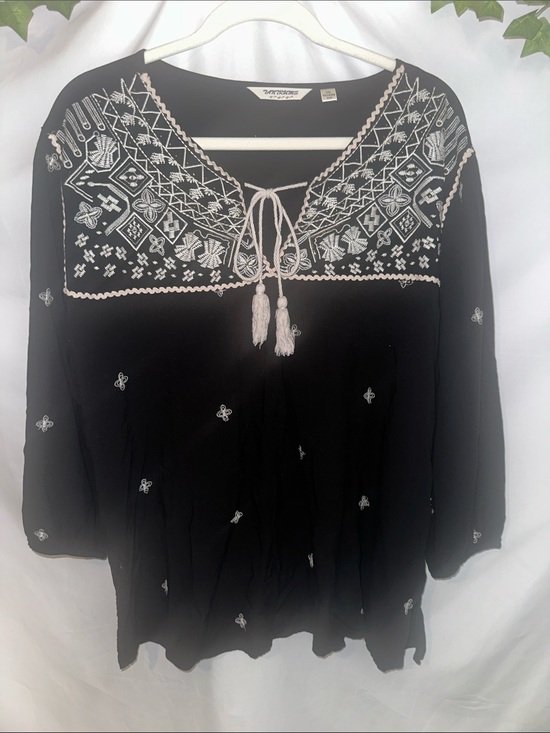 Tantrums Tops - Tantrums Black Tunic with White Embroidered Yoke and Tassel Tie